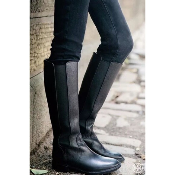 Tory‎ Burch Christy Boots Womens 7M Leather Knee High Black Tall Riding Zip Gold - Picture 1 of 16